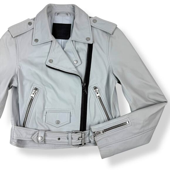 ALL SAINTS baby blue gray lamb leather BARON Biker motorcycle cropped jacket - Picture 5 of 16